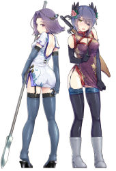 Rule 34 | 10s, 2girls, alternate costume, back cutout, backless outfit, black gloves, blue gloves, blush, boots, china dress, chinese clothes, cleavage cutout, clothing cutout, dao (weapon), dress, dress tug, elbow gloves, eyepatch, feather hair ornament, feathers, flower, from behind, full body, garter straps, gloves, gluteal fold, hair flower, hair intakes, hair ornament, hi-ho-, highres, kantai collection, kneepits, looking at viewer, multiple girls, polearm, purple eyes, purple hair, qiang (weapon), short dress, short hair, side slit, simple background, spear, standing, sword, tatsuta (kancolle), tenryuu (kancolle), thighhighs, thighs, weapon, white background, white footwear, yellow eyes, zettai ryouiki