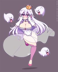Rule 34 | 1girl, :&lt;, black outline, blush, boo (mario), breasts, cleavage, commentary, crown, dress, earrings, english commentary, eyes visible through hair, frilled dress, frilled gloves, frills, full body, ghost, gloves, grey background, hair between eyes, hands on own face, hands up, highres, jewelry, large breasts, long hair, luigi&#039;s mansion, mario (series), mini crown, new super mario bros. u deluxe, nintendo, outline, pink footwear, pointy ears, princess king boo, puffy short sleeves, puffy sleeves, purple eyes, re-sublimity-kun, see-through, sharp teeth, shoes, short sleeves, silver hair, simple background, solo, super crown, teeth, tilted headwear, very long hair, watermark, web address, white dress, white gloves, white outline