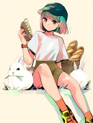 Rule 34 | 1girl, absurdres, baguette, baseball cap, beige background, black hat, blue nails, bob cut, bread, brown shorts, cup, disposable cup, drinking straw, earrings, food, grass, green hair, hat, highres, jewelry, mouth hold, nail polish, orange socks, original, rabbit, richard-kun, shirt, shoes, short hair, short sleeves, shorts, simple background, sitting, smile, sneakers, socks, watch, white shirt, wristwatch