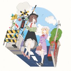 Rule 34 | 2girls, aibivy, bag, bird, black footwear, black headwear, black skirt, blonde hair, bow, bowtie, brown bag, brown eyes, brown footwear, brown hair, closed mouth, cloud, collared shirt, commentary, day, dress, fedora, fence, full body, hat, hat bow, high heels, holding, holding bag, holding map, light smile, looking at viewer, looking to the side, map, maribel hearn, medium hair, mob cap, multiple girls, necktie, outdoors, phone booth, purple dress, purple eyes, railroad crossing, red bow, red bowtie, red necktie, road, road sign, shirt, shoes, sign, skirt, sky, touhou, traffic light, tree, usami renko, utility pole, walking, white bow, white headwear, white shirt, window