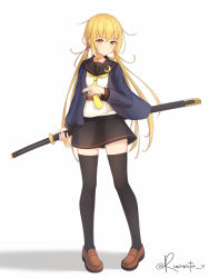 Rule 34 | 1girl, aticsanir, black sailor collar, black skirt, black thighhighs, blonde hair, blue cardigan, blush, brown footwear, cardigan, closed mouth, collarbone, crescent, crescent pin, hair between eyes, highres, holding, holding sword, holding weapon, kantai collection, long hair, long sleeves, low twintails, neckerchief, open cardigan, open clothes, sailor collar, satsuki (kancolle), satsuki kai ni (kancolle), school uniform, serafuku, sheath, sheathed, shoes, simple background, skirt, solo, sword, thighhighs, thighs, twintails, twitter username, weapon, white background, yellow eyes, yellow neckerchief