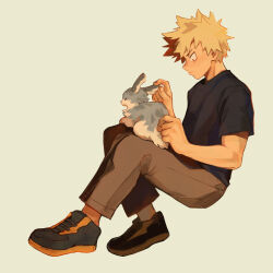 Rule 34 | 1boy, animal, animal on lap, bakugou katsuki, black footwear, black shirt, blonde hair, boku no hero academia, brown pants, closed mouth, commentary, english commentary, fenkko, full body, highres, looking at animal, male focus, on lap, pants, rabbit, red eyes, shirt, shoes, short hair, short sleeves, simple background, sitting, sneakers, solo, spiked hair, t-shirt, white background