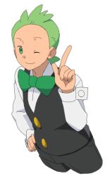 Rule 34 | 1boy, black pants, black vest, bow, bowtie, buttons, cilan (pokemon), closed mouth, commentary request, creatures (company), game freak, green bow, green bowtie, green eyes, green hair, hand on own hip, hand up, index finger raised, long sleeves, male focus, miyawaki, nintendo, one eye closed, pants, pokemon, pokemon (anime), pokemon bw (anime), shirt, short hair, simple background, smile, solo, vest, white background, white shirt