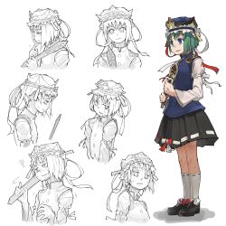 Rule 34 | 6+girls, ?, blue eyes, bow, clone, expressions, female focus, finger to face, full body, green hair, hat, kneehighs, looking at viewer, looking away, monochrome, multiple girls, nervous, pleated skirt, profile, ribbon, rod of remorse, shiki eiki, short hair, simple background, skirt, socks, spot color, standing, sun-3, sweatdrop, touhou, upper body, white background, white legwear