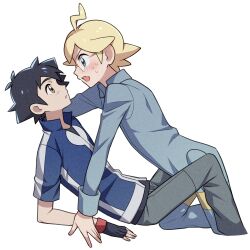 Rule 34 | 2boys, ahoge, ash ketchum, black gloves, black hair, blonde hair, blue eyes, blue jacket, blush, brown eyes, clemont (pokemon), commentary request, creatures (company), fingerless gloves, from side, game freak, glasses, gloves, highres, jacket, jumpsuit, leaning, looking at another, male focus, multiple boys, nintendo, open mouth, parted lips, pokemon, pokemon (anime), pokemon xy (anime), shirt, short hair, sweat, tuze111, white background