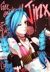 Rule 34 | 1girl, blue hair, braid, chewing gum, gloves, highres, jinx (league of legends), league of legends, one eye closed, wink