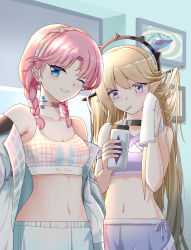 Rule 34 | 2girls, absurdres, arknights, black choker, blonde hair, blue eyes, blue poison (arknights), blue poison (shoal beat) (arknights), blue shorts, blush, bottle, braid, breasts, camisole, chinese commentary, choker, cleavage, collarbone, commentary request, drinking, drinking straw, earrings, grin, hairband, head tilt, headgear, highres, holding, holding bottle, indigo (arknights), infection monitor (arknights), jewelry, long hair, medium hair, midriff, multiple girls, navel, o-ring, o-ring choker, official alternate costume, one eye closed, pink choker, pink hair, pointy ears, purple eyes, purple shorts, purple sports bra, scales, shorts, small breasts, smile, spaghetti strap, sports bra, sportswear, twin braids, upper body, white sports bra, zhihe box