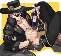 Rule 34 | 1boy, abs, amatuki, belt, black coat, blonde hair, blue eyes, border, bottle, bow, brown gloves, coat, fingerless gloves, gloves, grin, guilty gear, guilty gear xrd, hat, highres, jacket, johnny (guilty gear), looking at viewer, lying, male focus, on back, open clothes, open jacket, pectoral cleavage, pectorals, simple background, smile, solo, sunglasses, white border, white bow, wine bottle, yellow background