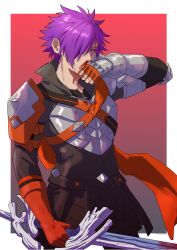 Rule 34 | 1boy, armor, blood, blood on face, border, breastplate, cape, commentary request, fingerless gloves, fire emblem, fire emblem: three houses, fire emblem warriors: three hopes, gloves, hair over one eye, highres, holding, holding sword, holding weapon, looking at viewer, male focus, nintendo, nzmnnkk, one eye covered, orange cape, orange gloves, outside border, purple eyes, purple hair, shez (fire emblem), shez (male) (fire emblem), short hair, shoulder armor, single fingerless glove, single glove, solo, sword, weapon, white border