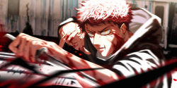 Rule 34 | 1boy, absurdres, black hoodie, blood, blood on clothes, blood on face, blood on hands, bloodshot eyes, bloody weapon, blurry, blurry foreground, brown eyes, facial mark, fingernails, highres, holding, holding weapon, hood, hood down, hoodie, itadori yuuji, jujutsu kaisen, litchi (taechiii2), looking at viewer, male focus, pink hair, scar, scar on face, scar on mouth, scarf, short hair, solo, sword, undercut, upper body, weapon
