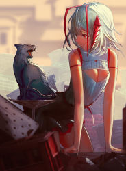 Rule 34 | 1girl, absurdres, alternate costume, antenna hair, arknights, arm support, bare shoulders, black cat, black skirt, breasts, cat, cleavage, cleavage cutout, closed mouth, clothing cutout, ganet p, garter straps, grey hair, grey shirt, high-waist skirt, highres, leaning forward, looking at animal, medium breasts, multicolored hair, red eyes, red hair, shirt, shopping basket, skirt, sleeveless, sleeveless shirt, solo, table, two-tone hair, w (arknights), yawning