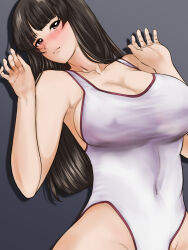 Rule 34 | 1girl, black hair, blunt bangs, blush, breasts, covered erect nipples, girls und panzer, grey background, highres, large breasts, long hair, mature female, nipples, nishizumi shiho, one-piece swimsuit, paid reward available, simple background, swimsuit, white one-piece swimsuit, yoyokkun
