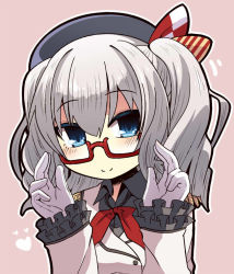 Rule 34 | 10s, 1girl, 221 (tsutsuichi), beret, bespectacled, blue eyes, blush, buttons, check commentary, commentary request, epaulettes, frilled sleeves, frills, glasses, gloves, grey hair, hat, heart, jacket, kantai collection, kashima (kancolle), kerchief, long hair, long sleeves, looking at viewer, military, military uniform, pink background, red-framed eyewear, semi-rimless eyewear, sidelocks, simple background, smile, solo, tsurime, twintails, under-rim eyewear, uniform, upper body, wavy hair, white gloves