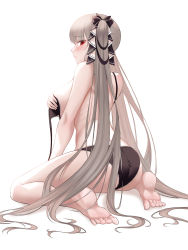 Rule 34 | 1girl, absurdres, ass, azur lane, bare shoulders, black bra, blush, bra, breasts, closed mouth, covering privates, covering one breast, feet, formidable (azur lane), frilled bra, frills, grey hair, hair ribbon, highres, large breasts, long hair, looking at viewer, looking back, michelan, open bra, red eyes, ribbon, ribs, sideboob, simple background, sitting, soles, solo, swimsuit, thighs, toes, twintails, two-tone ribbon, underwear, very long hair, wariza, white background