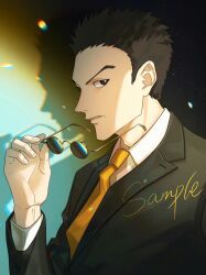 Rule 34 | 1boy, black eyes, black suit, business suit, debris, drop shadow, formal, highres, holding, holding removed eyewear, hunter x hunter, leorio paladiknight, looking to the side, male focus, necktie, ppttppff, round eyewear, shadow, shirt, solo, spiked hair, suit, sunglasses, unworn eyewear, upper body, white shirt, yellow necktie