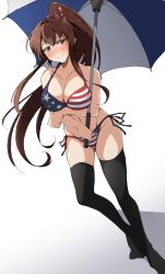 Rule 34 | 1girl, american flag bikini, american flag print, asymmetrical legwear, bikini, black thighhighs, breasts, brown hair, cherry blossoms, collarbone, flag print, flower, full body, hair flower, hair ornament, highres, kantai collection, large breasts, leaning forward, long hair, looking at viewer, nel-c, ponytail, print bikini, red eyes, side-tie bikini bottom, simple background, solo, standing, striped, swimsuit, thighhighs, umbrella, uneven legwear, white background, yamato (kancolle)