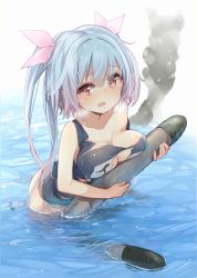 Rule 34 | 10s, 1girl, blush, breast rest, breasts, breath, collarbone, female focus, gradient background, i-19 (kancolle), kantai collection, kojiki-life, large breasts, one-piece swimsuit, open mouth, school swimsuit, smoke, solo, swimsuit, torn clothes, torn swimsuit, torpedo, twintails, wading, water, wet, wet hair