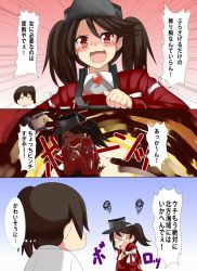 Rule 34 | 10s, 3koma, :d, brown hair, comic, hat, japanese clothes, kaga (kancolle), kantai collection, long hair, open mouth, personification, pleated skirt, red eyes, red hair, ryuujou (kancolle), skirt, smile, t t, twintails, yabu q