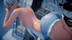 Rule 34 | 1girl, 3d, ass, back, blue eyes, breasts, denim, denim shorts, earrings, highres, jewelry, jic jic, long hair, nipples, ponytail, rwby, short shorts, shorts, small breasts, solo, thighs, topless, weiss schnee, white hair