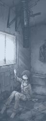 Rule 34 | 1girl, barefoot, greyscale, gun, hamsterfragment, machine gun, monochrome, no nose, on bed, original, pajamas, stitched, suicidal girl (hamsterfragment), suicide, third-party edit, weapon, window