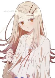 Rule 34 | 1girl, 4rion, absurdres, blonde hair, blush, camisole, expressionless, gakuen idolmaster, hair ornament, hairclip, highres, idolmaster, jacket, long hair, looking at viewer, open clothes, open jacket, orange eyes, parted lips, shinosawa hiro, simple background, solo, upper body, white background