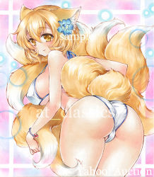 Rule 34 | 1girl, animal ears, artist name, ass, at classics, bikini, blonde hair, blue flower, blush, bracelet, breasts, closed mouth, covered erect nipples, cowboy shot, flower, fox ears, fox tail, from behind, hair between eyes, hair flower, hair ornament, jewelry, large breasts, leaning forward, looking at viewer, looking back, multiple tails, sample watermark, short hair, solo, swimsuit, tail, touhou, traditional media, watermark, white bikini, yakumo ran, yellow eyes