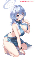 Rule 34 | 1girl, ako (blue archive), ako (dress) (blue archive), backless dress, backless outfit, barefoot, blue archive, blue dress, blue eyes, blue hair, blue halo, blush, breasts, cuffs, dress, full body, hair between eyes, halo, jewelry, kneeling, large breasts, long hair, looking at viewer, official alternate costume, parted lips, plunging neckline, sebu illust, shackles, sideboob, sideless dress, simple background, single handcuff, sleeveless, sleeveless dress, solo, toes, white background