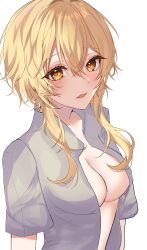 Rule 34 | 1girl, blonde hair, breasts, commentary, genshin impact, grey shirt, highres, hotaboshi yazuki, looking at viewer, looking up, lower teeth only, lumine (genshin impact), medium breasts, open clothes, open mouth, open shirt, shirt, short hair with long locks, short sleeves, sidelocks, simple background, solo, symbol-only commentary, teeth, upper body, white background, yaduki100, yellow eyes