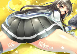 Rule 34 | 10s, 1girl, ass, back, bad id, bad pixiv id, black hair, black thighhighs, blouse, blunt bangs, breasts, cannon, gloves, hair ribbon, isokaze (kancolle), juurouta, kantai collection, long hair, long sleeves, lying, on stomach, pleated skirt, red eyes, ribbon, school uniform, serafuku, shirt, single thighhigh, skirt, solo, spread legs, text focus, thick thighs, thighhighs, thighs, turret, white gloves