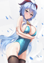 Rule 34 | 1girl, absurdres, ahoge, arms under breasts, bare arms, bare shoulders, bell, black thighhighs, blue hair, blue leotard, breast hold, breasts, cleavage, cowbell, cowboy shot, detached collar, embarrassed, frown, ganyu (genshin impact), genshin impact, goat horns, hair between eyes, highleg, highleg leotard, highres, horns, large breasts, leotard, long hair, looking at viewer, low ponytail, neck bell, playboy bunny, pout, purple eyes, skai kun, skindentation, solo, strapless, strapless leotard, thighhighs, thighs, very long hair