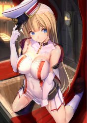 Rule 34 | 1girl, akasaai, bare shoulders, blonde hair, blue eyes, blunt bangs, blush, breasts, clock, commentary request, covered navel, detached collar, dress, dress tug, elbow gloves, gloves, hat, hat tip, highres, holding, holding clothes, holding hat, indoors, kneehighs, kneeling, large breasts, long hair, original, peaked cap, revision, see-through silhouette, short dress, socks, solo, white dress, white gloves, white socks
