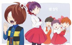 Rule 34 | 2boys, 4girls, border, bow, bowl cut, brown hair, chanchanko (clothes), choker, commentary, cowboy shot, crossed arms, dress, episode number, fang, gegege no kitarou, gegege no kitarou 3, gegege no kitarou 4, gegege no kitarou 5, gegege no kitarou 6, grey background, hair bow, hair over one eye, highres, jacket, kitarou, looking at another, medama oyaji, multiple boys, multiple girls, multiple persona, nekomusume, nekomusume (gegege no kitarou 3), nekomusume (gegege no kitarou 4), nekomusume (gegege no kitarou 5), nekomusume (gegege no kitarou 6), outside border, pantyhose, pinafore dress, pink bow, pointy ears, purple hair, red bow, red choker, red dress, red eyes, red hair, short hair, simple background, sleeveless dress, slit pupils, standing, sweatdrop, tendot, thighhighs, twitter username, white border, white jacket, yawning, yellow eyes
