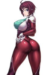 Rule 34 | 1girl, ahoge, ass, blue eyes, bodysuit, breasts, contrapposto, covered erect nipples, curvy, female focus, from behind, gloves, gundam, gundam seed, gundam seed destiny, hand on own hip, huge ass, huge breasts, looking at viewer, looking back, lunamaria hawke, open clothes, purple hair, rindou (radical dream), short hair, simple background, solo, standing, turtleneck, white background