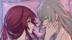 Rule 34 | 2girls, blush, chinese commentary, closed eyes, commentary, face-to-face, fingernails, grey hair, hand on another&#039;s cheek, hand on another&#039;s face, highres, honkai: star rail, honkai (series), kafka (honkai: star rail), long hair, looking at another, lying, multiple girls, nail polish, on side, pillow, ponytail, portrait, profile, purple eyes, purple hair, purple nails, sleeping, stelle (honkai: star rail), trailblazer (honkai: star rail), yunkaiming, yuri