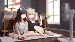 Rule 34 | 2girls, ahoge, alternate costume, animal ear fluff, animal ears, arknights, barefoot, black hair, black shirt, black shorts, blurry, blurry background, cellphone, colored inner hair, commentary request, electric fan, food, grey hair, hair ornament, hairclip, highres, holding, holding phone, indian style, indoors, korean commentary, lappland (arknights), material growth, messy hair, mixed-language commentary, mouth hold, multicolored hair, multiple girls, orange eyes, oripathy lesion (arknights), phone, popsicle, red hair, runamonet, scar, scar across eye, scar on face, shirt, shorts, sitting, smartphone, tail, texas (arknights), white shirt, window, wolf ears, wolf girl, wolf tail