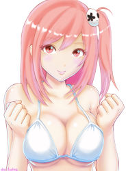 Rule 34 | 1girl, absurdres, bad id, bad pixiv id, bikini, blush, breasts, breasts squeezed together, cleavage, clenched hands, collarbone, dead or alive, eyelashes, hair ornament, highres, honoka (doa), large breasts, light smile, long hair, looking at viewer, one side up, pink eyes, pink hair, simple background, smile, solo, strap gap, swimsuit, tenzeru, twitter username, upper body, white background, white bikini