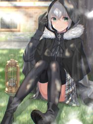 Rule 34 | 1girl, absurdres, add (fate), against tree, bad id, bad pixiv id, black footwear, black gloves, boots, fate/grand order, fate (series), fur-trimmed hood, fur trim, gloves, grass, gray (fate), green eyes, grey hair, grey skirt, highres, hood, huge filesize, looking at viewer, lord el-melloi ii case files, naruse (0819), rain, skirt, smile, solo, thighhighs, thighs, tree