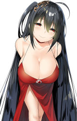 Rule 34 | 1girl, ahoge, azur lane, bent over, black hair, blush, breasts, choker, cleavage, closed mouth, dress, hair between eyes, half-closed eyes, head tilt, huge breasts, long hair, looking at viewer, official alternate costume, one side up, red dress, red eyes, sidelocks, sky-freedom, smile, solo, taihou (azur lane), taihou (forbidden feast) (azur lane), very long hair