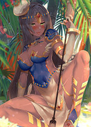 Rule 34 | 1girl, arm support, arm wrap, armlet, armor, black hair, blue armor, blush, bracelet, breasts, bridal gauntlets, chest plate, circlet, cleavage, covered navel, dark-skinned female, dark skin, fate/grand order, fate (series), forehead jewel, green eyes, hat, highres, jewelry, kawai (purplrpouni), knee up, large breasts, long hair, looking at viewer, outdoors, palm tree, parted bangs, pauldrons, pelvic curtain, ring, scheherazade (fate), scroll, shiny skin, shoulder armor, sitting, smile, solo, spread legs, staff, thighs, tree