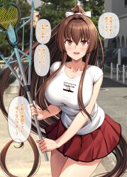 Rule 34 | 1girl, blush, breasts, brown hair, clothes writing, day, hair between eyes, hair ribbon, highres, holding, ichikawa feesu, kantai collection, large breasts, long hair, looking at viewer, open mouth, outdoors, pleated skirt, ponytail, racket, red eyes, red skirt, ribbon, shirt, short sleeves, sidelocks, skirt, solo, speech bubble, sweat, t-shirt, translation request, very long hair, white ribbon, white shirt, yamato (kancolle)