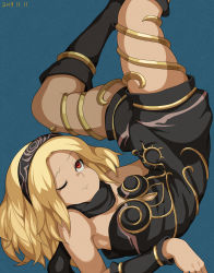 Rule 34 | 1girl, 2019, :t, absurdres, bare shoulders, black footwear, black hairband, black leotard, black scarf, blonde hair, blue background, boots, breasts, closed mouth, dark-skinned female, dark skin, feet out of frame, gravity daze, hairband, highres, jewelry, kitten (gravity daze), legs over head, legs up, leotard, long hair, looking up, lying, mogtate, on back, one eye closed, pout, red eyes, scarf, simple background, skindentation, small breasts, solo, thighlet, vambraces