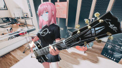 Rule 34 | 1girl, absurdres, amplifier, artist name, black shirt, blue eyes, bocchi the rock!, copyright name, cube hair ornament, cymbals, drum, drum set, electric guitar, gibson les paul, gotoh hitori, grey skirt, guitar, hair ornament, highres, holding, holding instrument, indoors, instrument, keyboard (instrument), long hair, mirror, music, one side up, pink hair, playing instrument, pleated skirt, print shirt, reflection, seymour (sai lu er), shirt, skirt, stereo