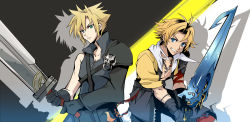 Rule 34 | 00s, 1990s (style), 2boys, asymmetrical clothes, bad id, bad pixiv id, blonde hair, blue eyes, cloud strife, coat, dissidia final fantasy, expressionless, final fantasy, final fantasy vii, final fantasy x, gloves, green eyes, grin, male focus, merii, multiple boys, shadow, smile, spiked hair, sword, tidus, weapon