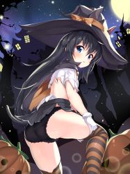 Rule 34 | 1girl, 2drr, animal ears, asashio (kancolle), ass, black cape, black hair, black hat, black panties, blue eyes, blush, bow, cape, cat ears, commentary request, ears through headwear, full moon, gloves, grey skirt, hair between eyes, hat, hat bow, highres, jack-o&#039;-lantern, kantai collection, long hair, looking at viewer, looking back, moon, multicolored cape, multicolored clothes, night, night sky, orange bow, orange cape, outdoors, panties, parted lips, pleated skirt, shirt, short sleeves, skirt, sky, solo, star (sky), starry sky, striped clothes, striped thighhighs, thighhighs, torn clothes, torn hat, torn shirt, underwear, undressing, very long hair, white gloves, white shirt, witch hat
