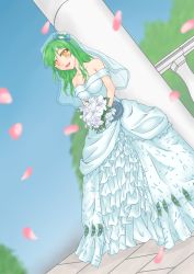 Rule 34 | 1girl, absurdres, alternate costume, bare shoulders, blue sky, blush, bouquet, bow, breasts, bridal veil, bride, cleavage, collarbone, dress, dutch angle, flower, frills, frog hair ornament, green hair, hair bow, hair ornament, highres, kochiya sanae, long hair, looking at viewer, open mouth, petals, pillar, railing, rose, shintani masaki, sky, solo, star (symbol), strapless, strapless dress, touhou, tree, veil, wedding dress, white flower, white rose, wind, yellow eyes