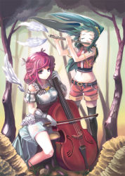 Rule 34 | 2girls, bad id, bad pixiv id, cello, christinya, closed eyes, flute, gloves, green hair, instrument, legs, long hair, midriff, multiple girls, original, pink eyes, pink hair, thighhighs, twintails, wind, wings