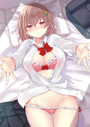 Rule 34 | 1girl, :o, bag, bed sheet, black skirt, blush, bow, bow bra, bowtie, bra, breasts, brown hair, buttons, chiune (yachi), cleavage, collarbone, collared shirt, cowboy shot, dress shirt, frilled bra, frilled panties, frills, glint, gluteal fold, groin, hair between eyes, hair ornament, hairclip, highres, lace trim, large breasts, long sleeves, looking at viewer, lying, miniskirt, on back, original, outstretched arms, panties, panty pull, parted lips, partially unbuttoned, pillow, pink bra, pink eyes, pink panties, pleated skirt, reaching, reaching towards viewer, red bow, revision, school bag, school uniform, shirt, short hair, side-tie panties, sidelocks, skirt, unworn skirt, solo, star (symbol), star hair ornament, underwear, white shirt