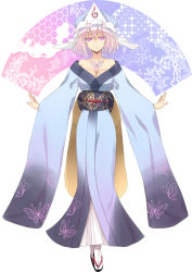 Rule 34 | 1girl, adapted costume, bare shoulders, breasts, bug, butterfly, cleavage, colored eyelashes, crossed legs, female focus, full body, goshoguruma, hexagon, insect, japanese clothes, jitome, nabeshima tetsuhiro, obi, off shoulder, outstretched arms, pink eyes, pink hair, saigyouji yuyuko, saigyouji yuyuko&#039;s fan design, sandals, sash, shippou (pattern), short hair, simple background, smile, solo, spread arms, standing, tabi, tattoo, touhou, white background