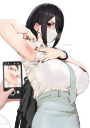 Rule 34 | 1girl, absurdres, arm up, armpit lips, armpits, backpack, bag, bare shoulders, black hair, black nails, bra visible through clothes, bracelet, breasts, collared shirt, dress shirt, hair behind ear, high-waist skirt, highres, holding, holding phone, indonesian high school uniform, jewelry, kirinkirin, large breasts, long hair, mask, mouth mask, nail polish, necktie, original, phone, school uniform, shirt, simple background, skirt, sleeveless, sleeveless shirt, sweat, taking picture, white background, white mask, white shirt