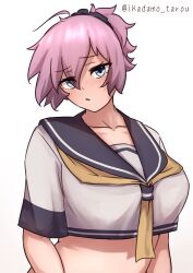 Rule 34 | 1girl, ahoge, aoba (kancolle), blue eyes, commentary request, crop top, highres, ikadamo, kantai collection, messy hair, midriff, neckerchief, one-hour drawing challenge, ponytail, purple hair, purple sailor collar, sailor collar, sailor shirt, school uniform, scrunchie, serafuku, shirt, short hair, simple background, solo, twitter username, white background, white shirt, yellow neckerchief